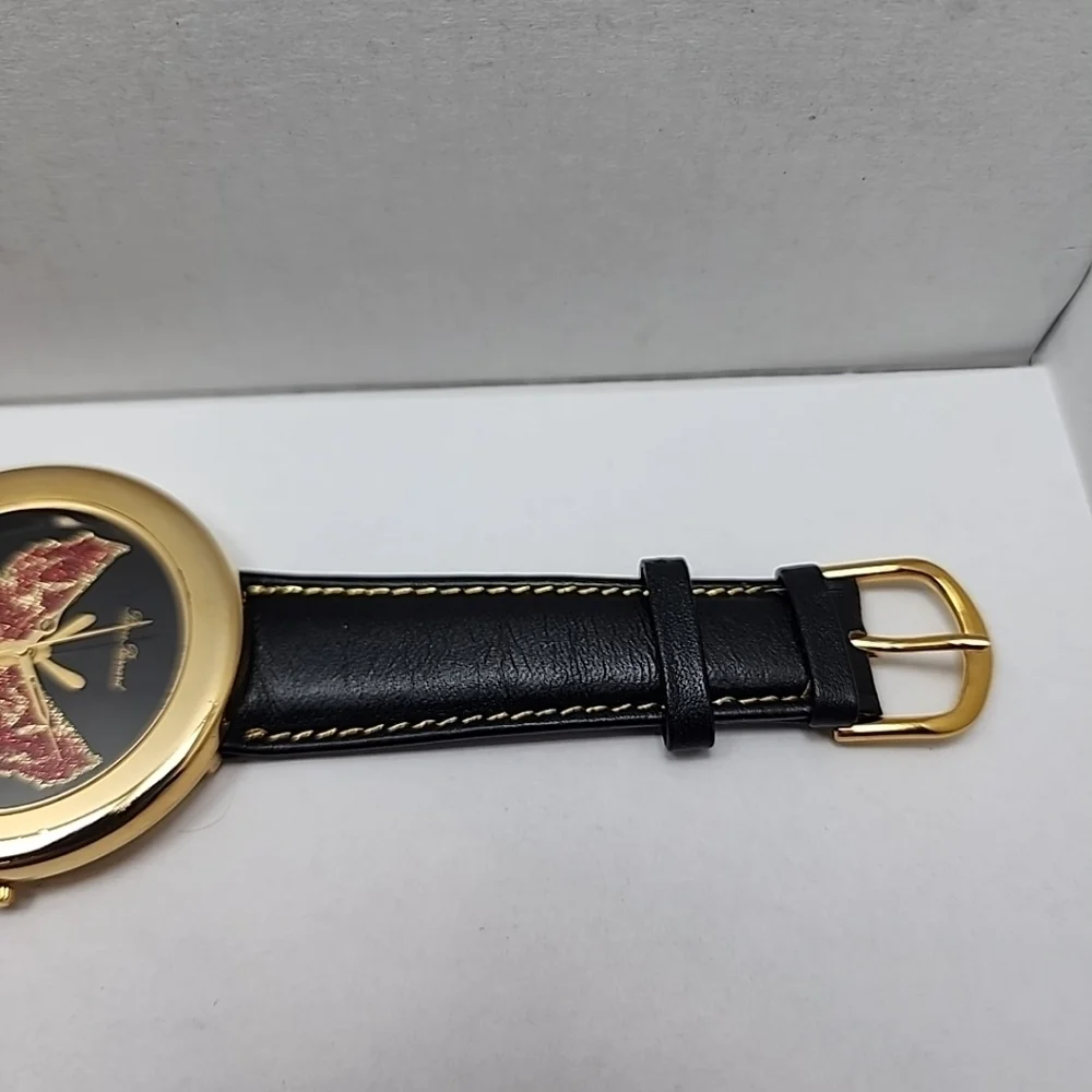 Womens Pierre Bernard Butterfly Watch Gold Glitter Black Leather New Battery